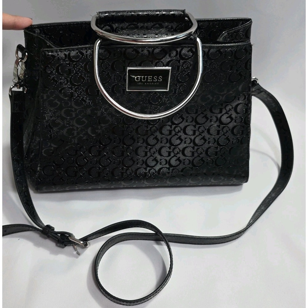 Guess Black Logo Satchel Handbag Silver Handle Crossbody Strap Spacious Bag - Picture 2 of 11